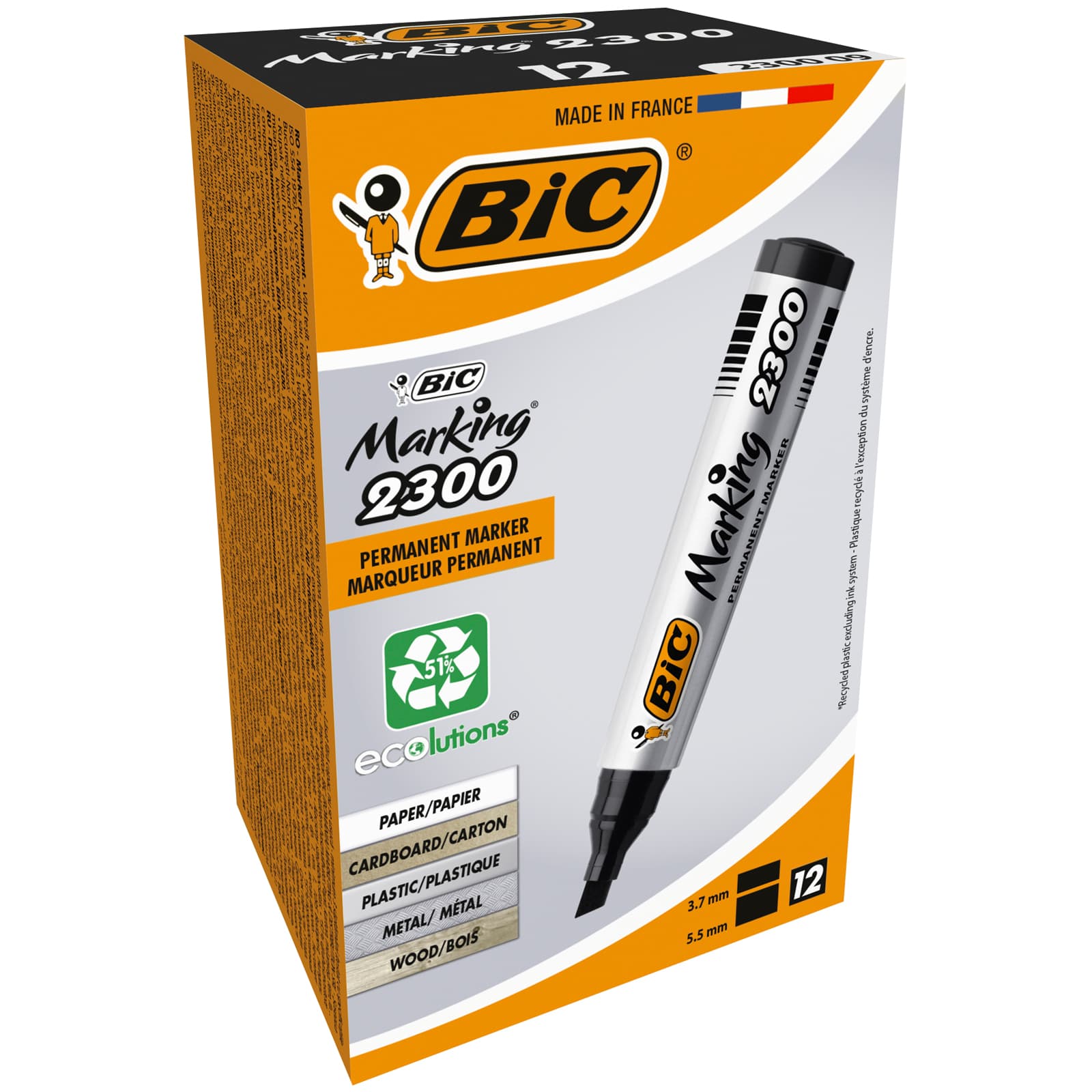 Bic Marqueur Permanent Pointe Biseau noir, Marking 2300